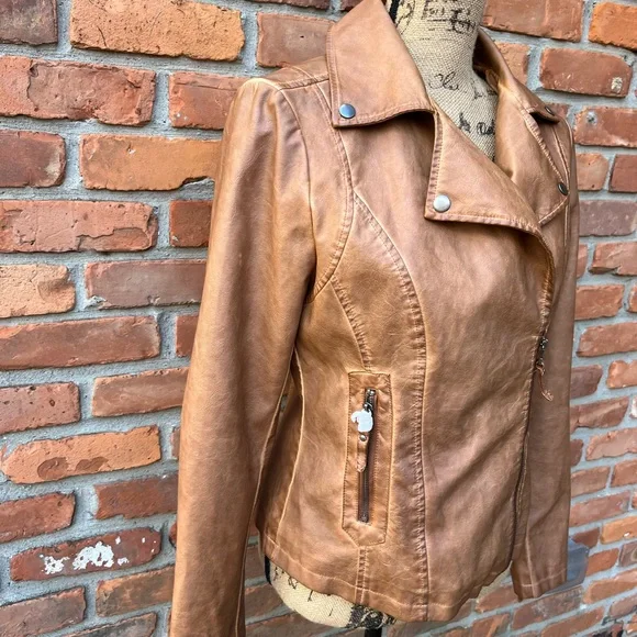 Max Studio Vegan Leather Moto Boho Vibes Tan Jacket NWTs Size M